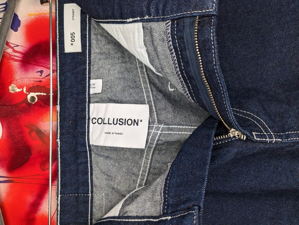 Collusion Straight Fit Dark Blue Denim Jeans Cotton Zip Button Pockets Men